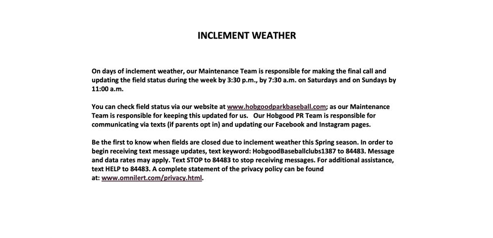 INCLEMENT WEATHER INFORMATION: